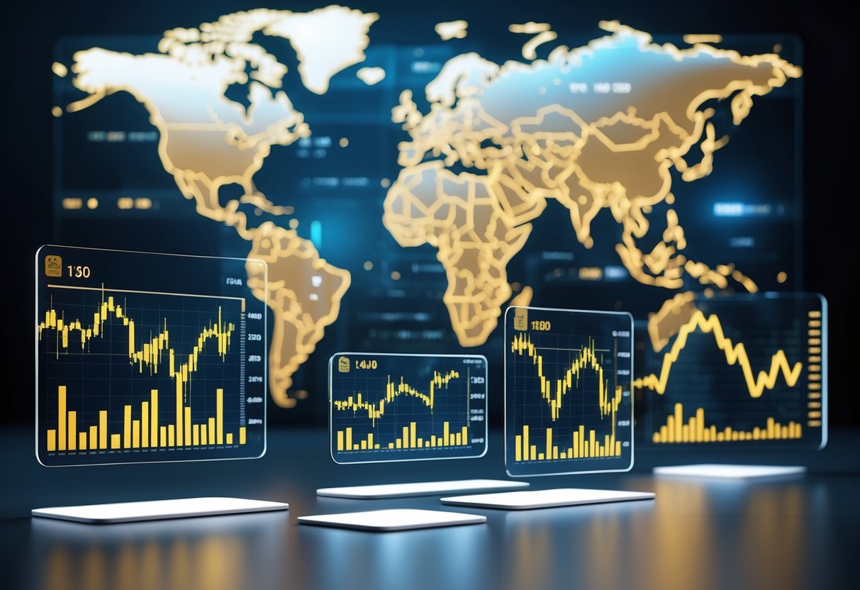 A digital scene showing multiple gold price charts and data visualizations focused on the Japanese Gold Yen market with a highlighted map of Japan in the background.