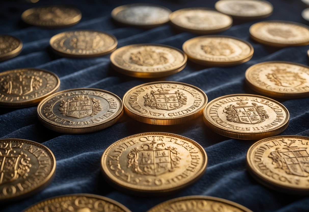 A collection of historical Dutch gold guilders coins arranged on a dark surface.