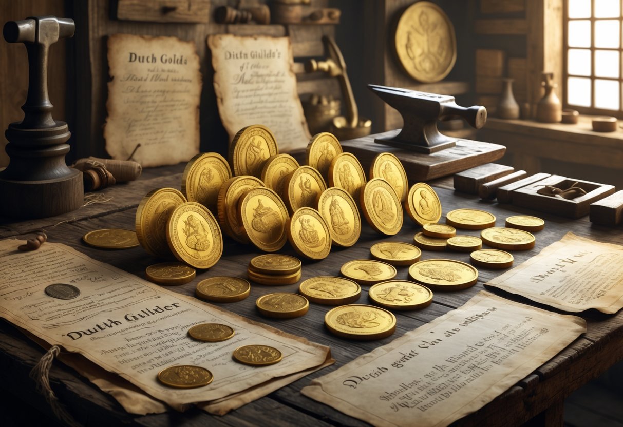 A collection of historical Dutch gold coins displayed on a wooden table with antique documents and traditional coin minting tools in the background.