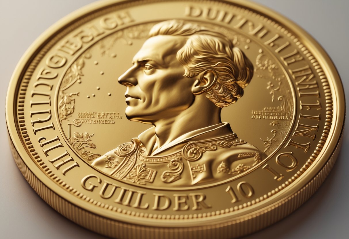 A detailed illustration of a Dutch 10 Guilder gold coin showing a historical portrait and decorative patterns.