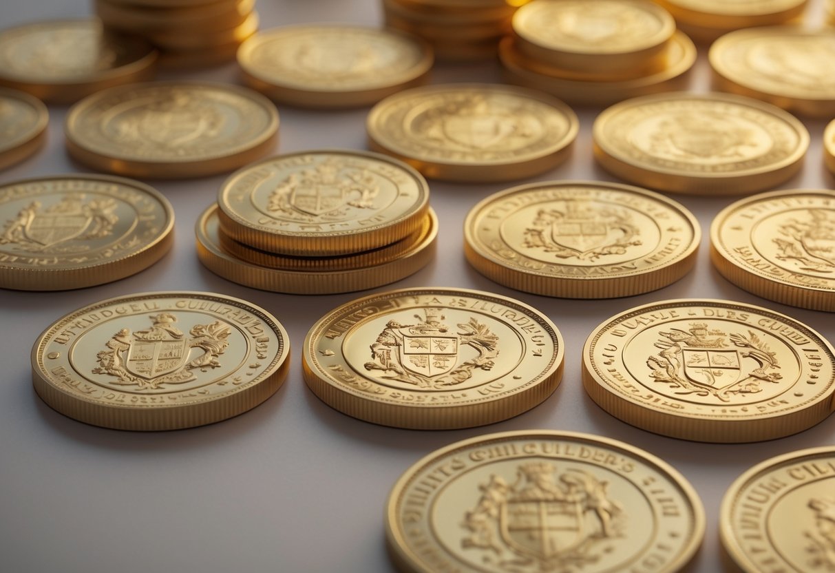 A collection of Dutch Gold Guilders coins arranged to show their detailed engravings and golden surfaces.