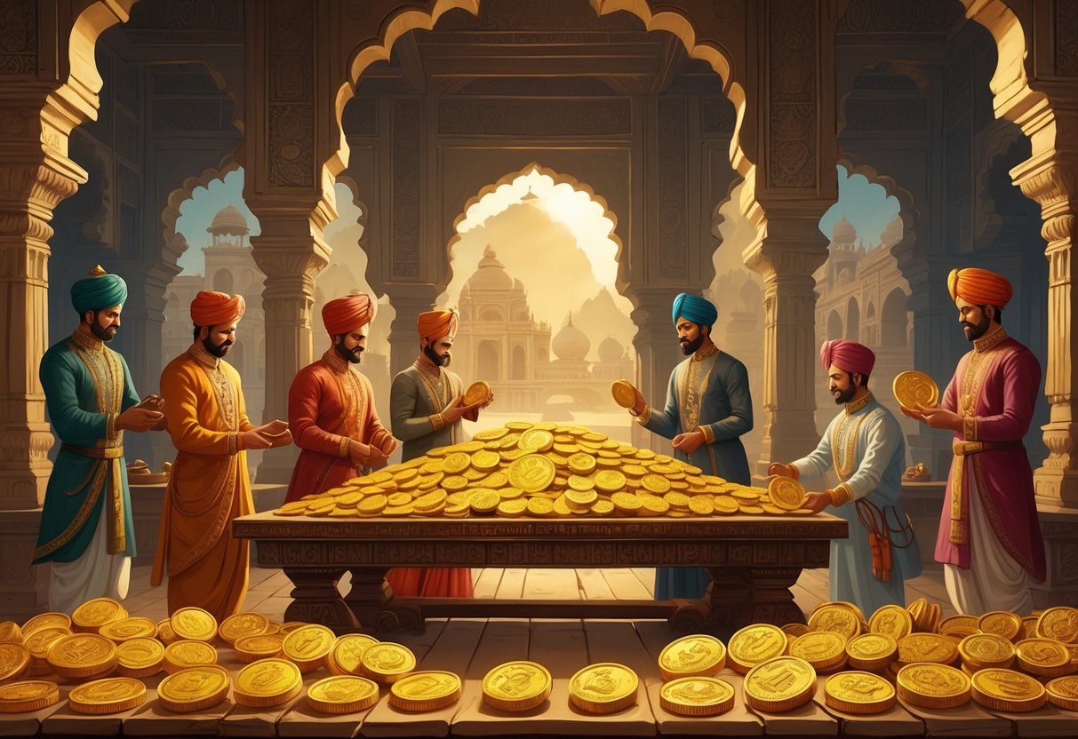 An Indian royal treasury room with artisans and officials crafting and displaying gold coins on a wooden table, surrounded by traditional Indian architecture.