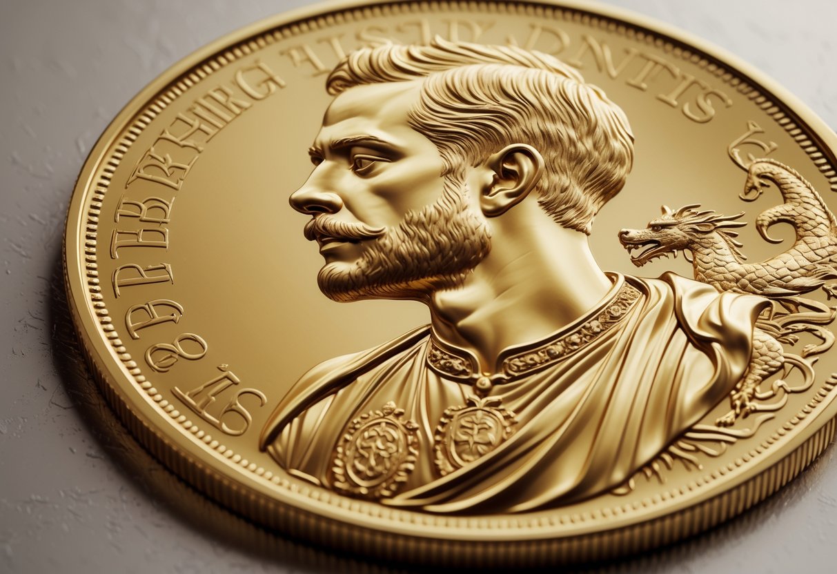 Close-up view of a 1918 Indian gold sovereign coin showing a portrait of King George V on one side and Saint George slaying a dragon on the other.