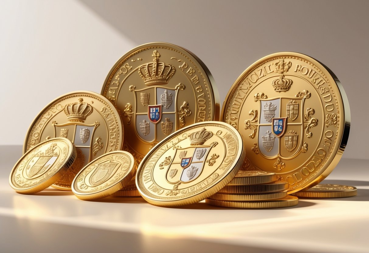 A close-up view of several gold Portuguese escudo coins with detailed engravings arranged together on a neutral background.