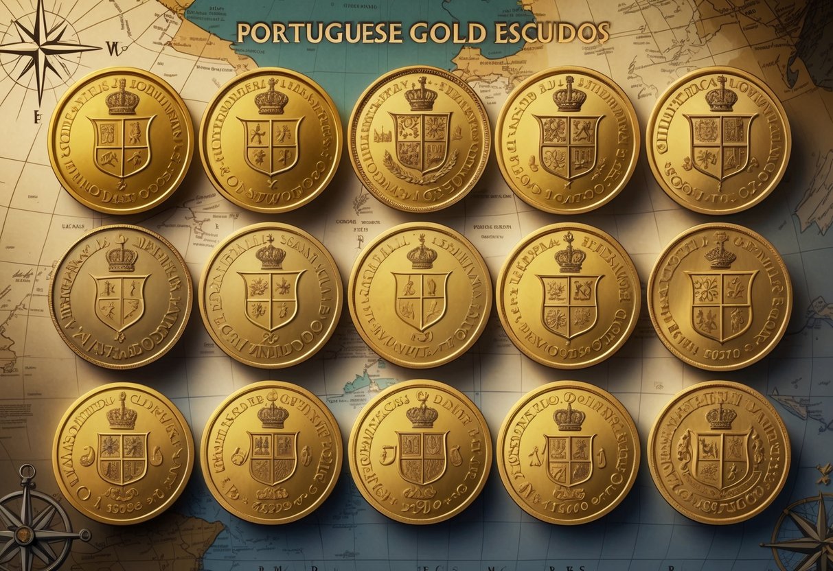 A series of gold Portuguese escudo coins from different historical periods arranged with a vintage map and maritime symbols in the background.