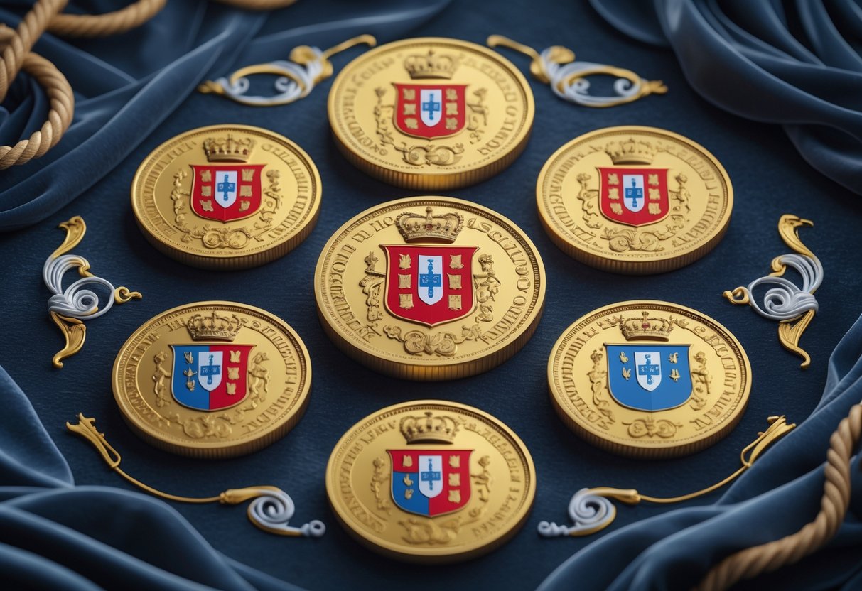 A detailed illustration of several gold Portuguese escudo coins showing coats of arms and decorative patterns arranged on a dark background.