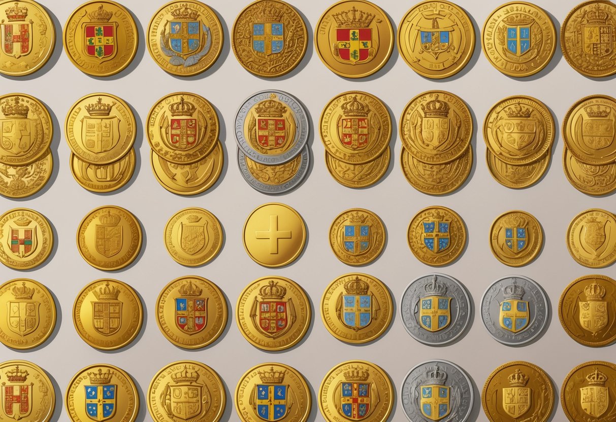 A collection of various Portuguese gold escudo coins arranged on a plain background, showing different sizes and detailed designs.