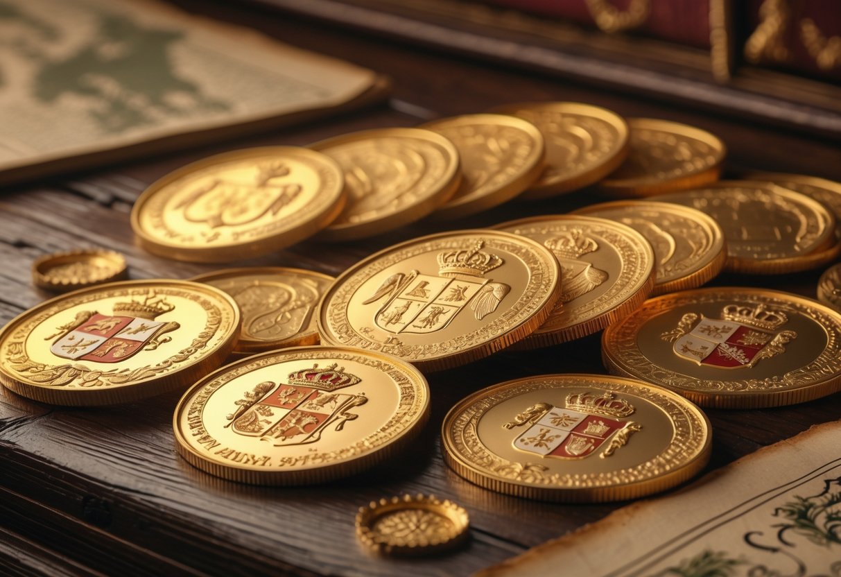 A collection of Spanish gold coins displayed on a wooden surface with historical documents faintly visible in the background.
