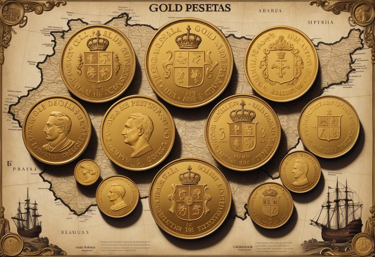 Several gold Spanish peseta coins from different historical periods arranged on an old map of Spain with background elements showing Spanish architecture and ships.