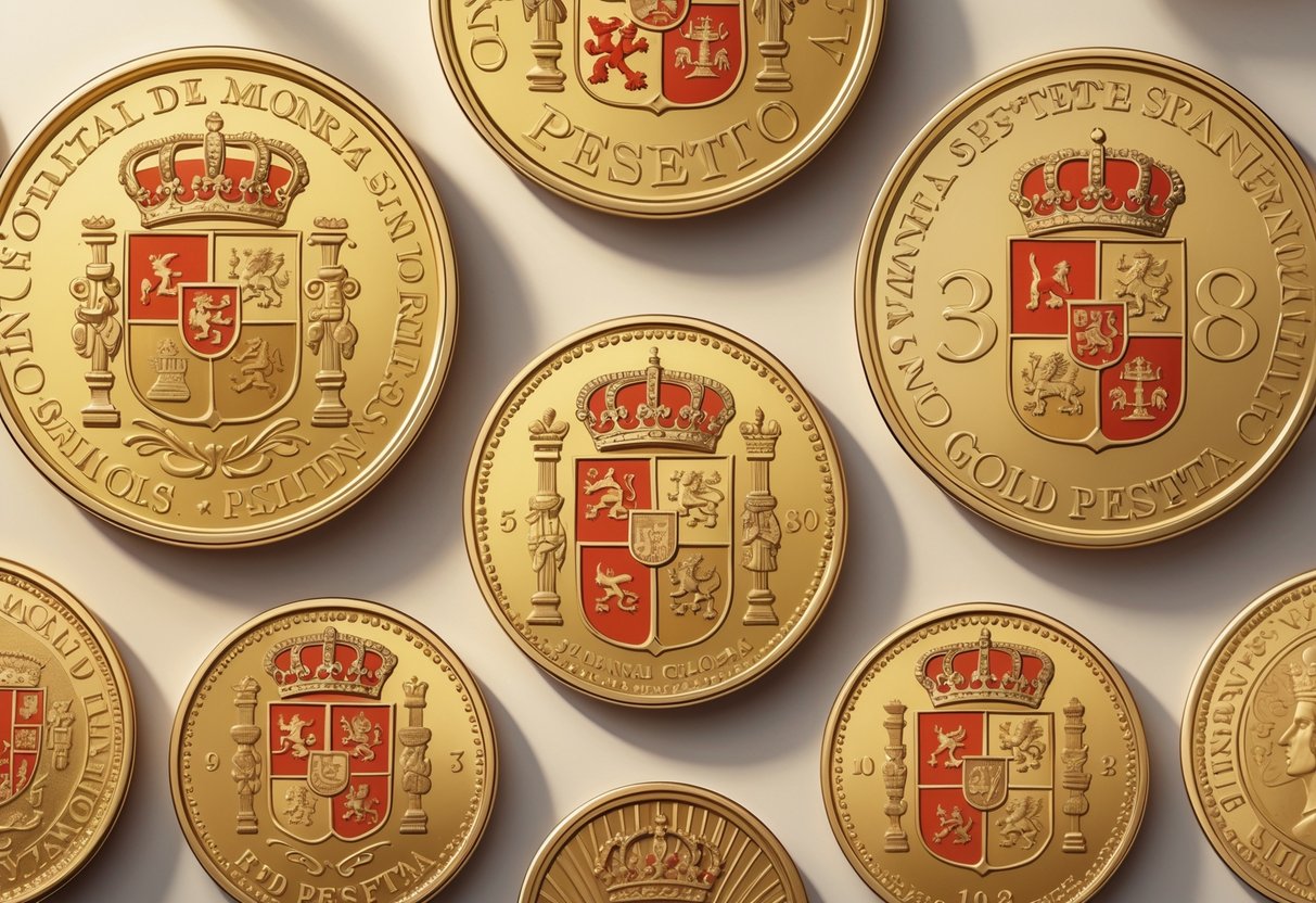 A collection of various Spanish gold peseta coins arranged on a plain surface, showing detailed designs and different sizes.