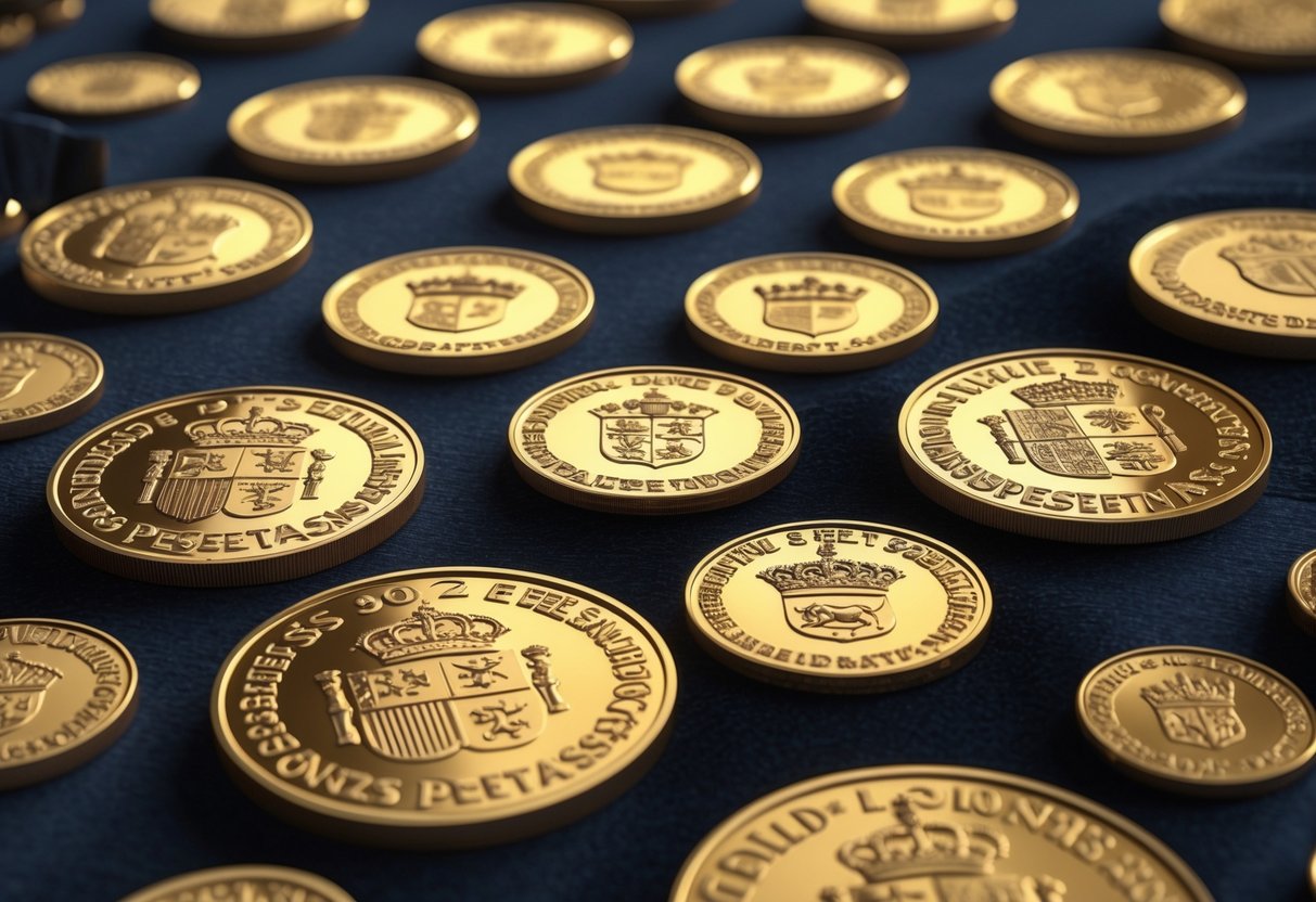 A collection of Spanish gold peseta coins with detailed designs and portraits arranged on a dark surface.