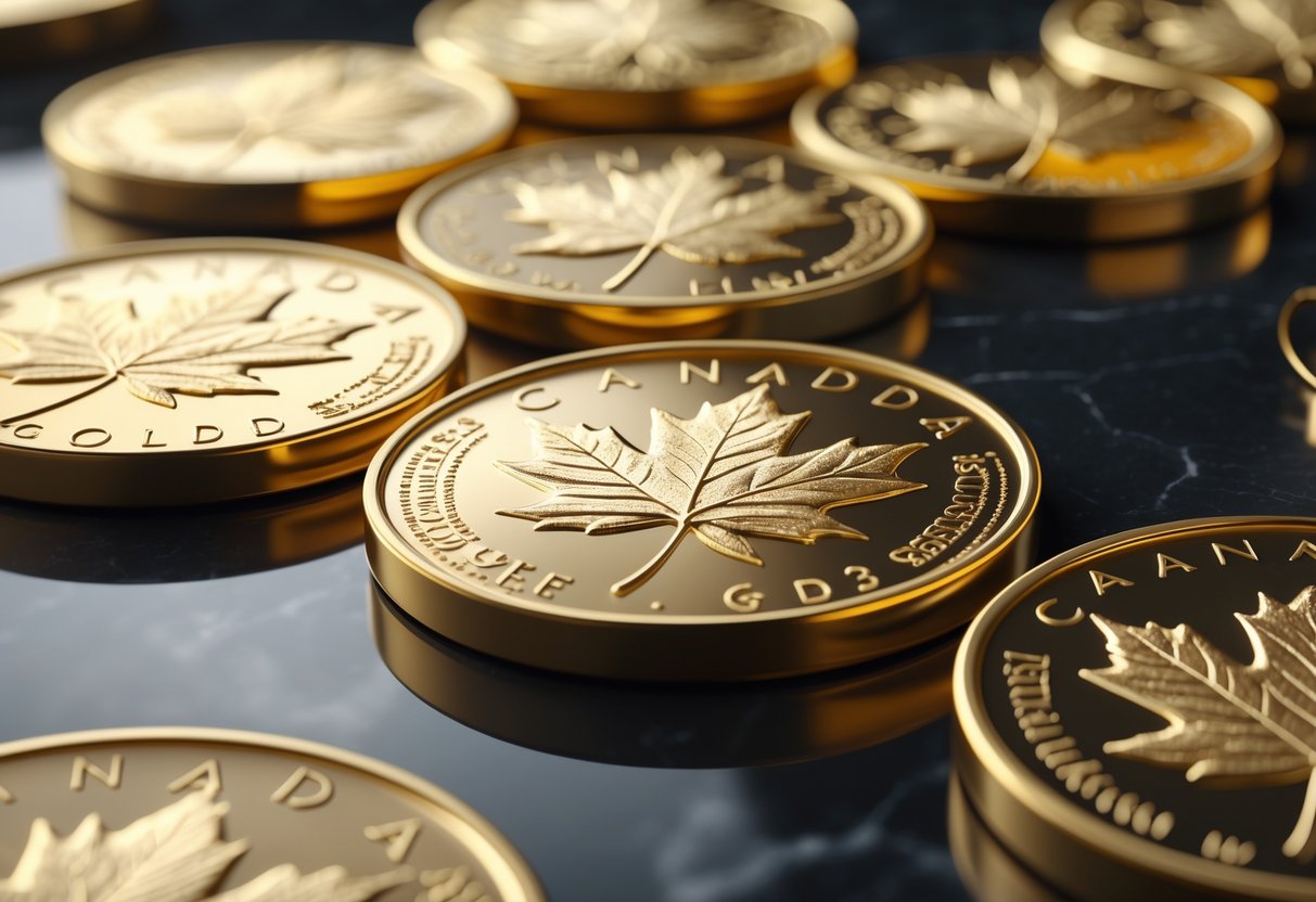 Close-up of several Canadian Maple Leaf gold coins arranged on a reflective surface.