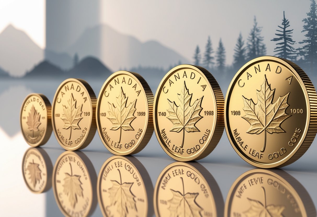 A series of Canadian Maple Leaf gold coins arranged in chronological order from earliest to latest, displayed against a subtle background featuring Canadian natural elements like mountains and a maple tree.