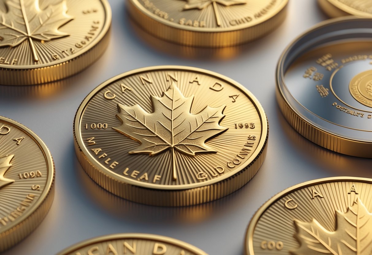 Close-up view of Canadian gold coins featuring detailed maple leaf designs and visible security markings.