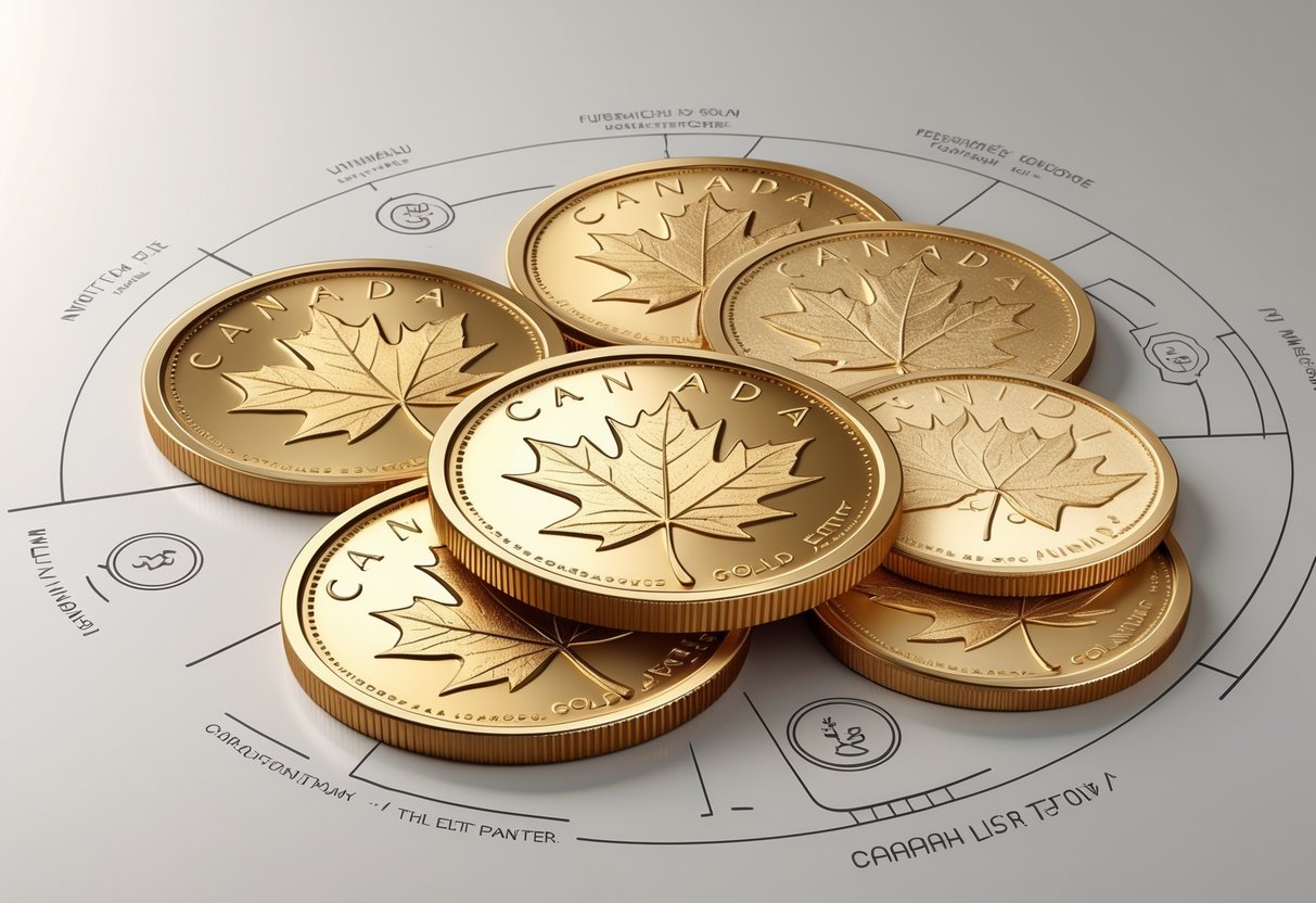 An illustration of Canadian Maple Leaf gold coins with detailed maple leaf designs, accompanied by subtle graphical icons representing their technical specifications.
