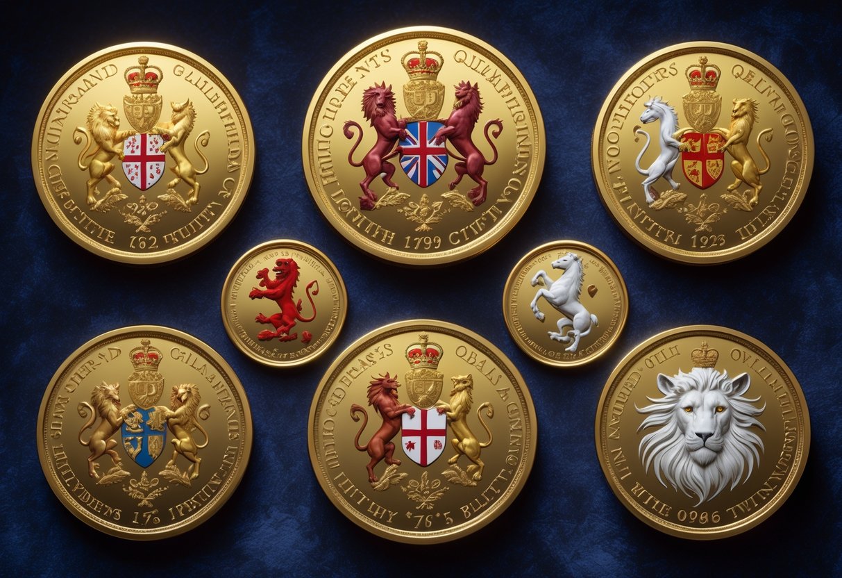 A collection of British Queen’s Beasts gold coins arranged on a dark background, each featuring a different heraldic beast design.