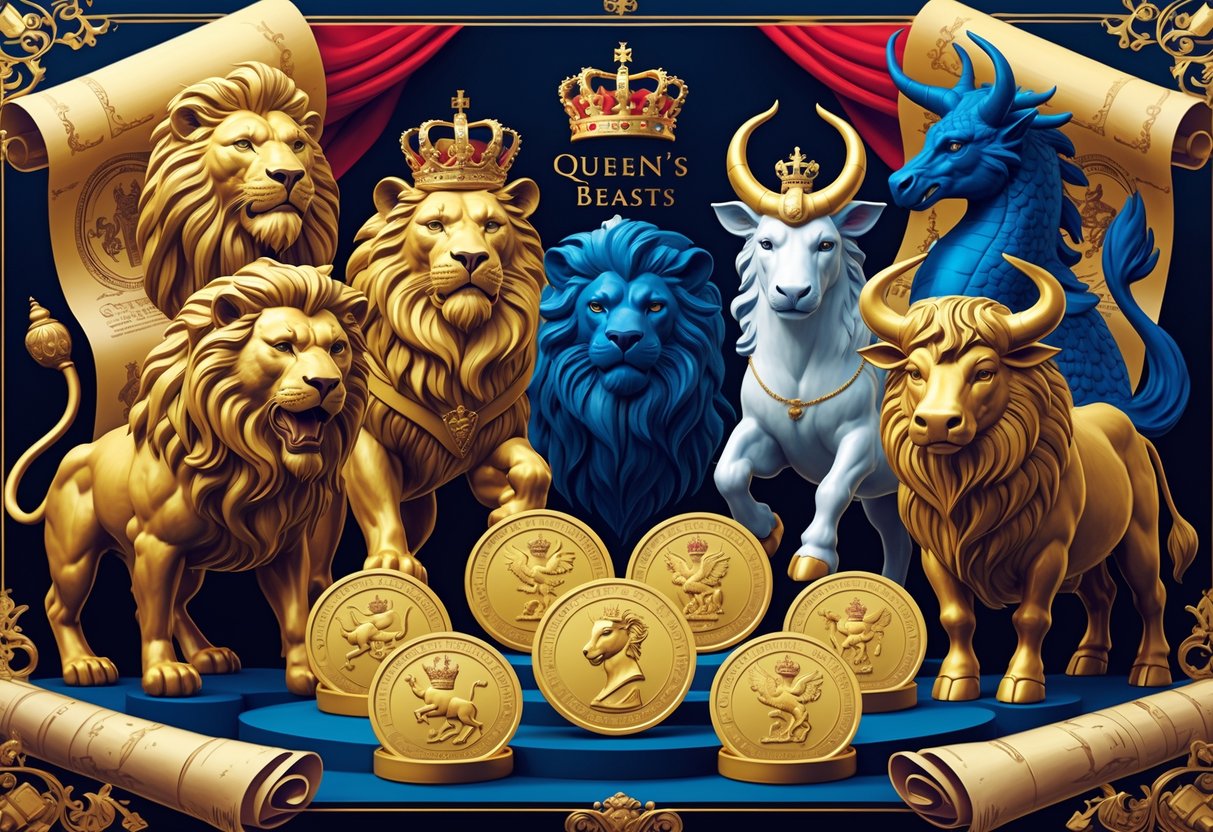 A collection of gold coins featuring detailed heraldic beasts from British royal history, surrounded by regal symbols like a crown and scepter.