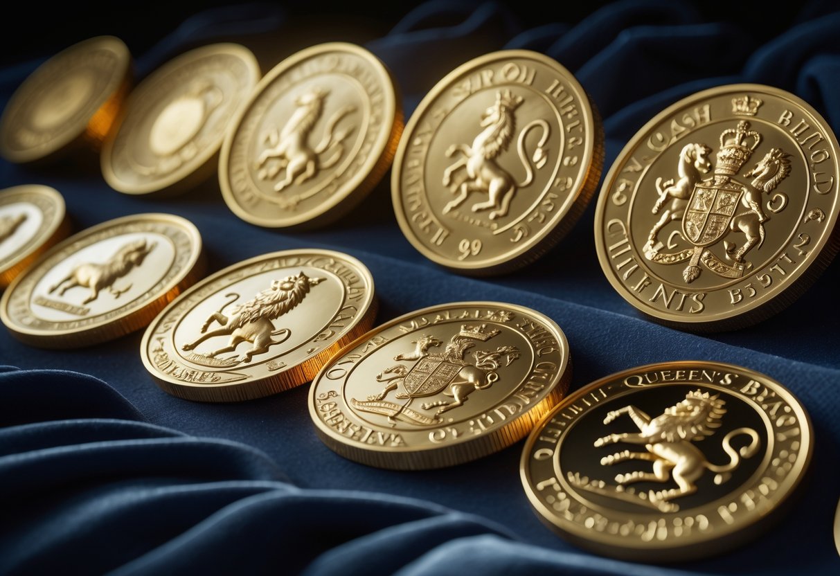 A collection of gold coins featuring detailed heraldic beasts from British tradition arranged on a dark surface.