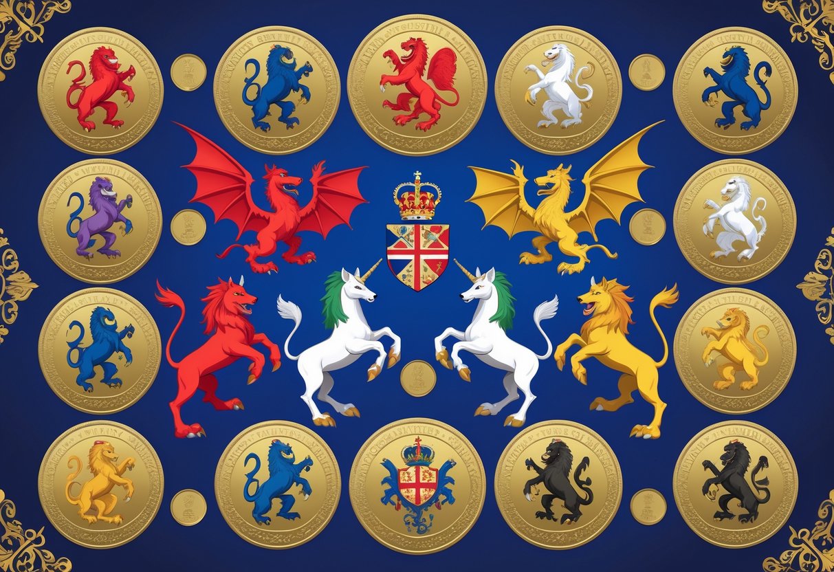 An illustration showing all ten British Queen’s Beasts arranged symmetrically with gold coin motifs and a royal blue background.