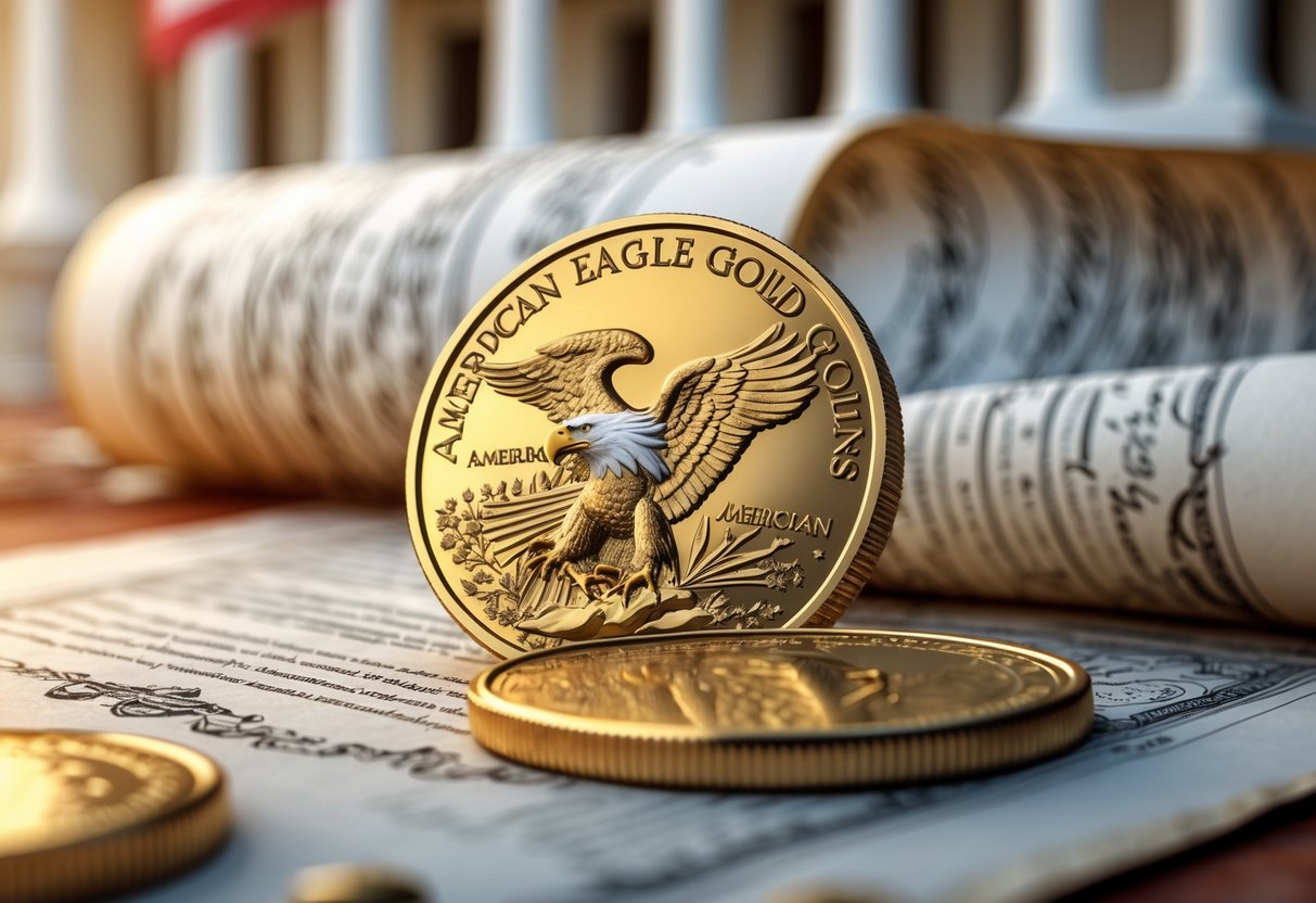 Close-up of an American Eagle Gold Coin in front of a historical document with an American flag and classical columns in the background.