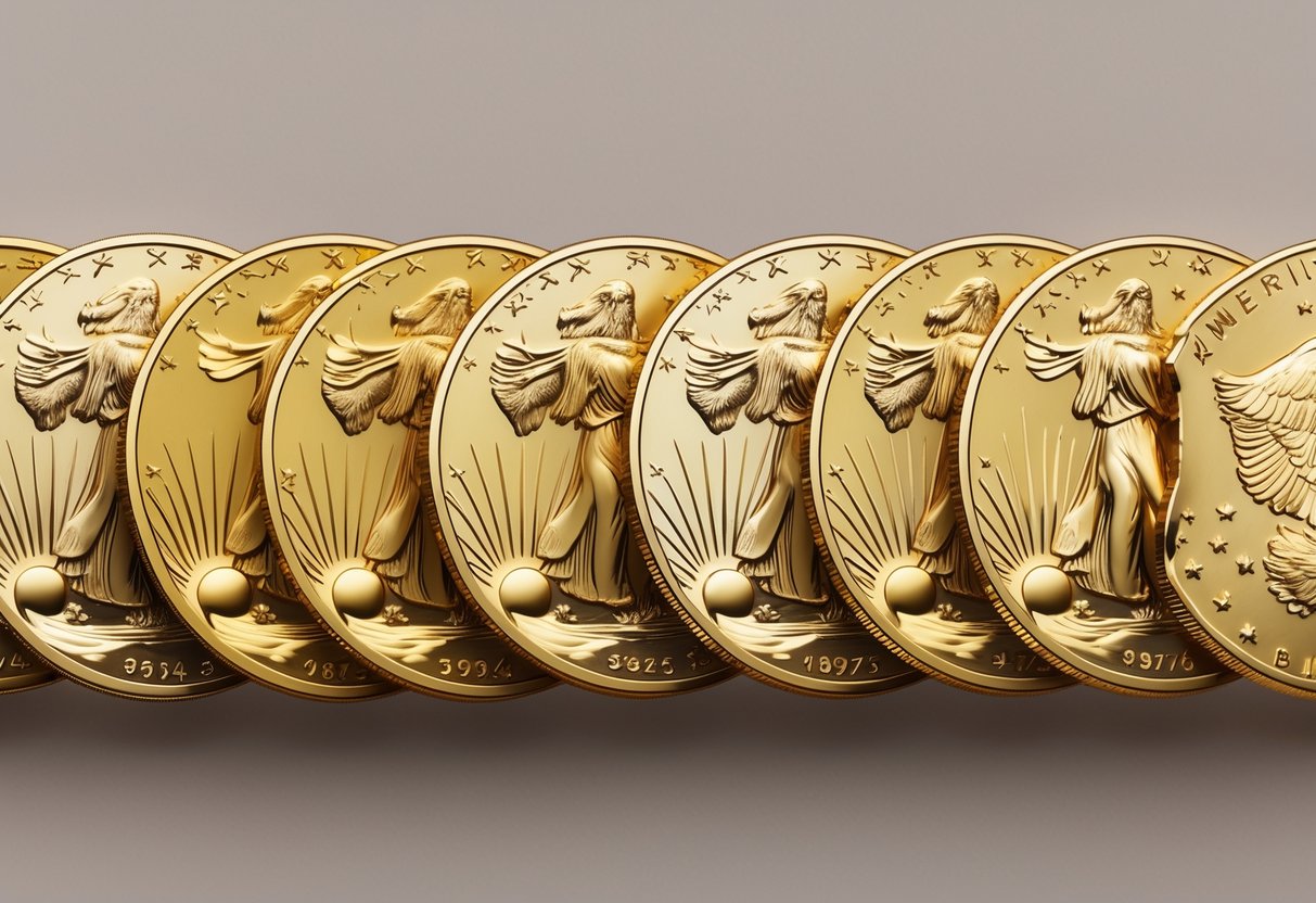 A series of American Eagle gold coins displayed side by side, showing different designs of the eagle on each coin.