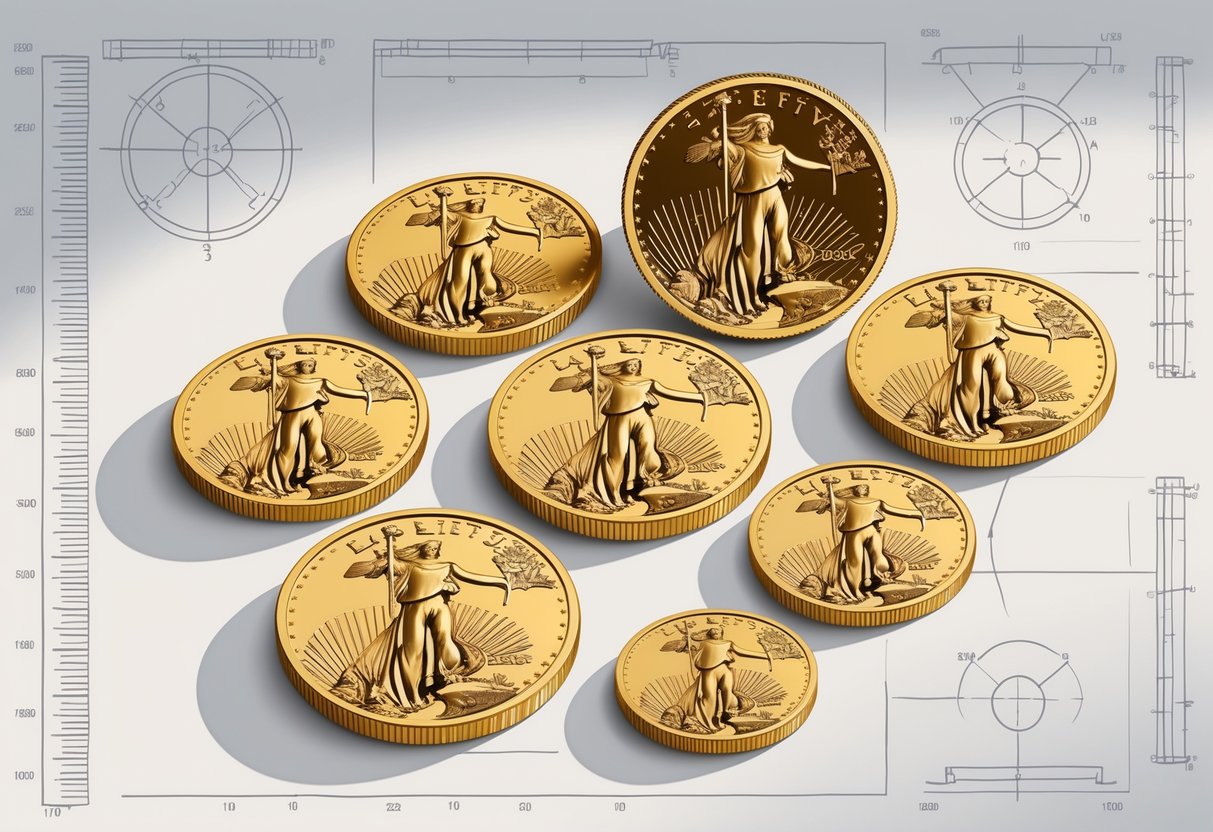 A detailed illustration of several American Eagle gold coins showing their front and back designs, arranged with technical measurement elements around them.