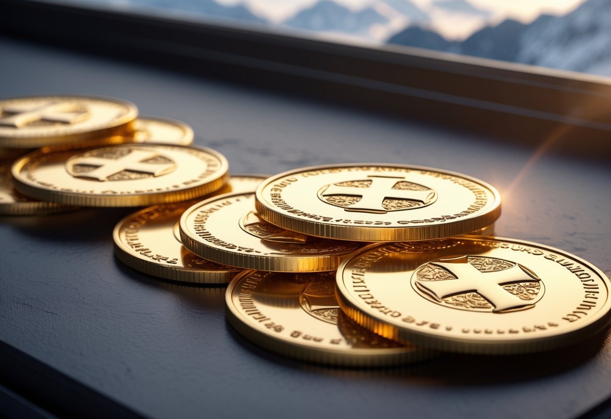 Close-up view of several gold coins with Swiss cross symbols arranged on a dark surface with the Swiss Alps faintly visible in the background.