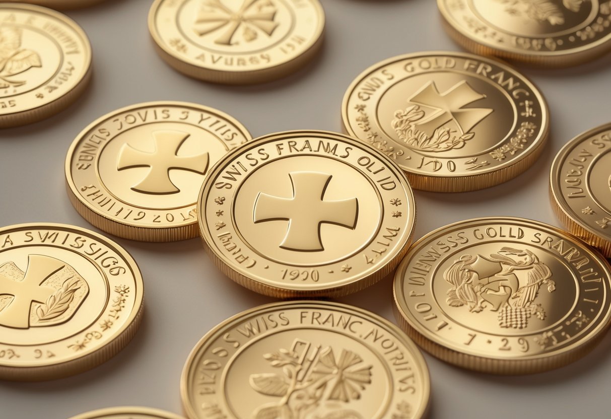 A close-up view of several Swiss gold franc coins showing detailed engravings of Swiss symbols and designs.