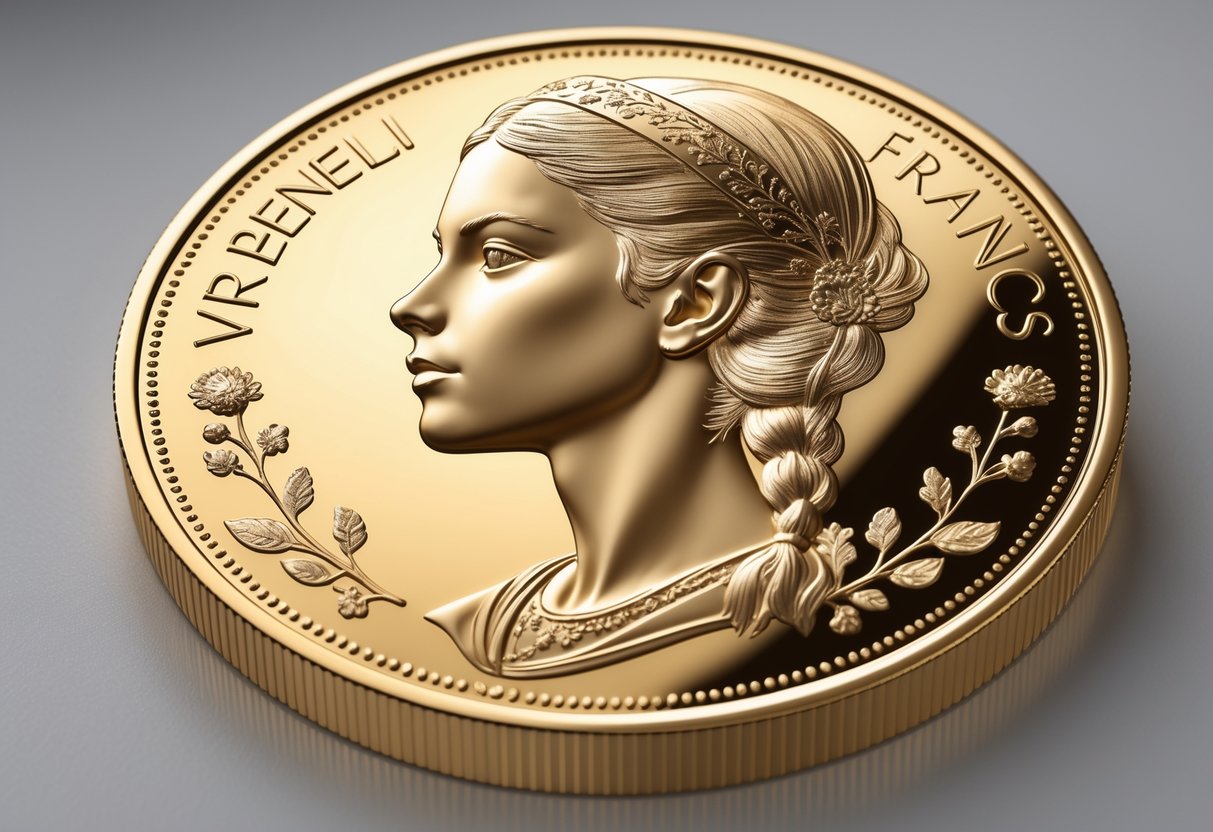 A detailed illustration of a Swiss 20 Franc gold coin featuring a woman's profile with braided hair and floral designs.