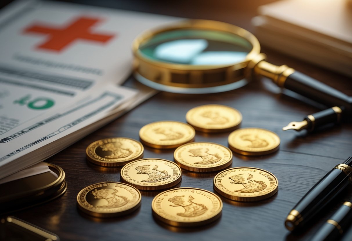 Close-up of Swiss Gold Franc coins on a wooden table with financial documents, a magnifying glass, and a pen nearby.