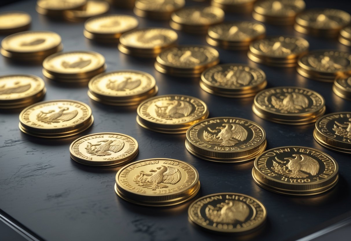 A collection of Mexican Libertad Gold Coins arranged on a dark reflective surface, showing detailed designs and golden shine.
