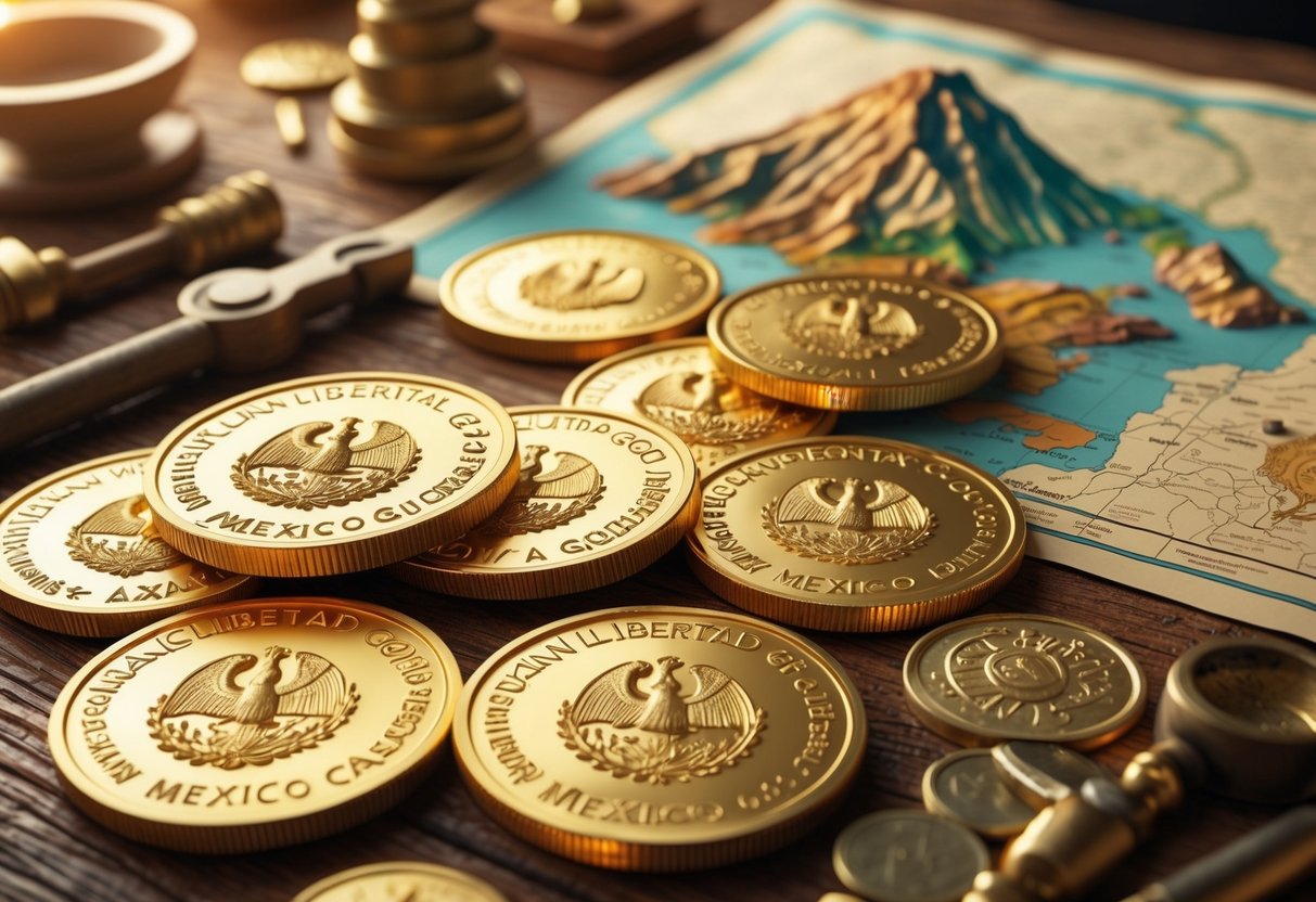 Close-up of Mexican Libertad gold coins on a wooden surface with volcanoes and historical mining tools in the background.