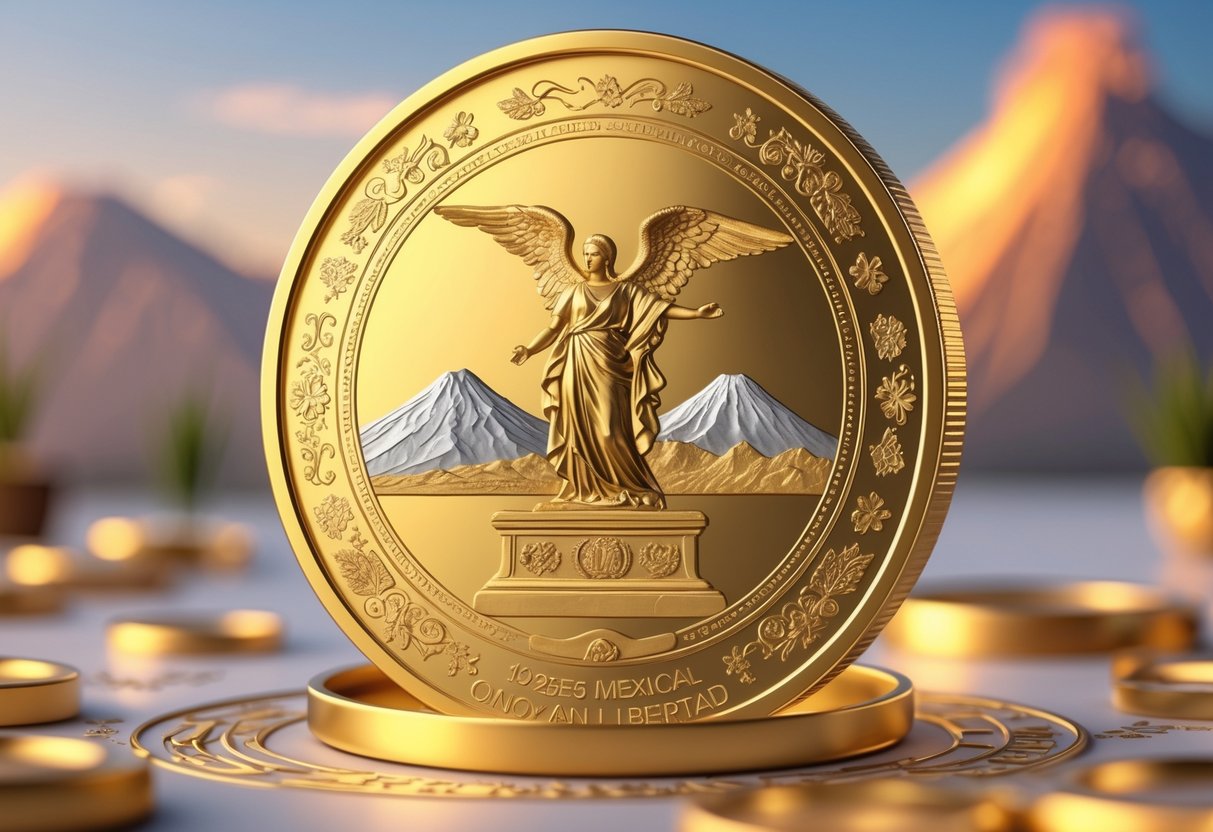 A detailed illustration of a gold Mexican Libertad coin featuring the Winged Victory statue and two volcanoes in the background.