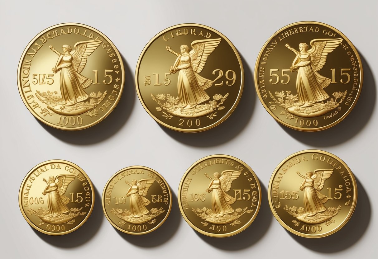 A collection of Mexican Libertad gold coins of different sizes arranged side by side on a plain background.