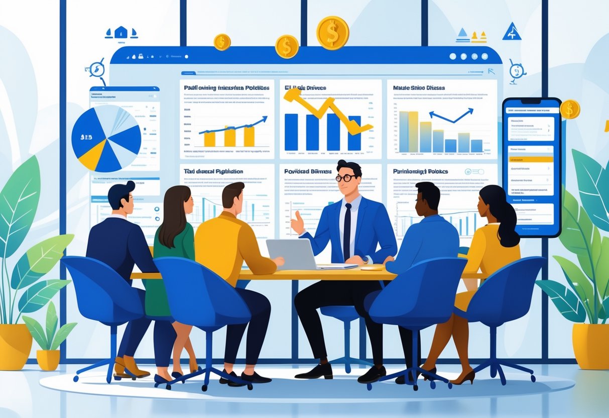 A financial advisor explains insurance documents to clients around a conference table with charts and financial symbols in a modern office.