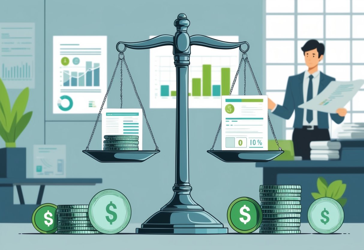 A balanced scale with coins on one side and insurance documents on the other, set in an office where a financial advisor reviews charts and graphs.