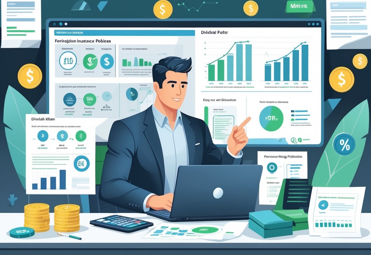 A financial advisor at a desk reviewing documents and charts about dividends and taxes, surrounded by icons of coins, tax forms, and insurance policies in a modern office.