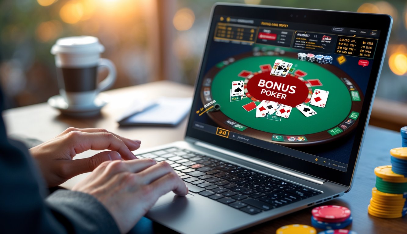 Sebuah laptop dengan permainan poker online yang aktif, dikelilingi oleh tumpukan chip poker berwarna-warni di atas meja kerja.