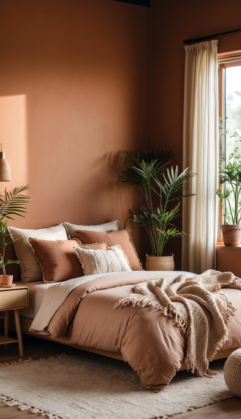 A cozy bedroom with warm terracotta walls, wooden furniture, soft bedding, plants, and natural light.