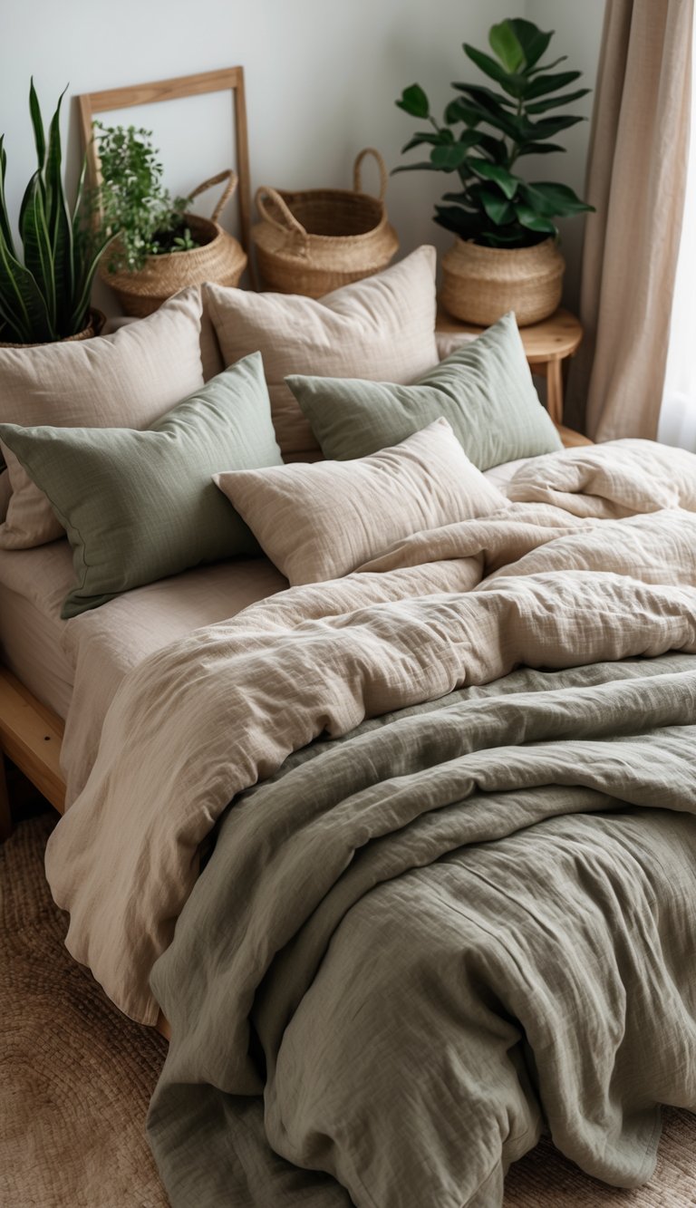 A cozy bedroom with layered natural linen bedding, soft pillows, wooden furniture, and plants.