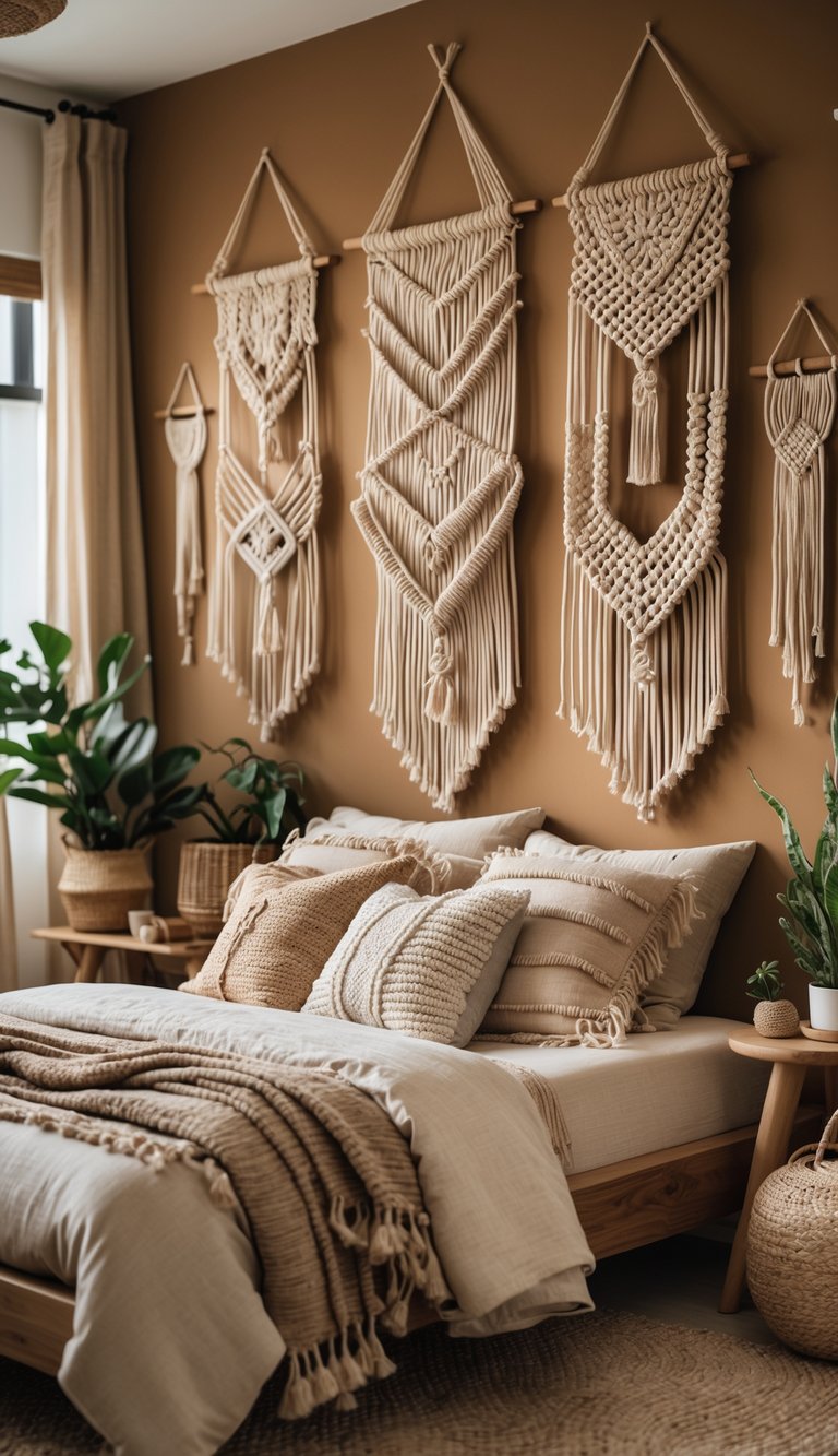 A cozy bedroom with a bed and several handwoven wall hangings on the wall, surrounded by natural decor and soft lighting.