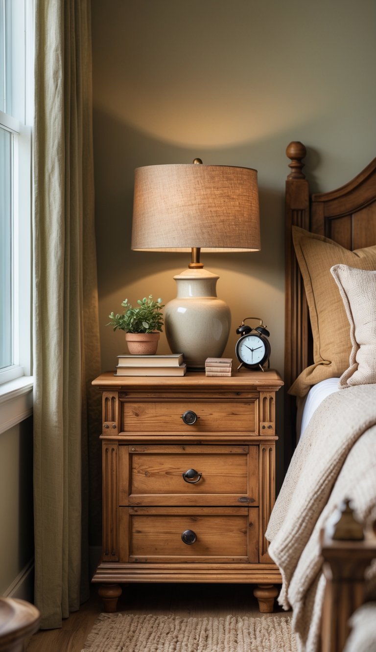 A cozy bedroom with a bed flanked by two wooden nightstands holding a lamp, plants, and books.