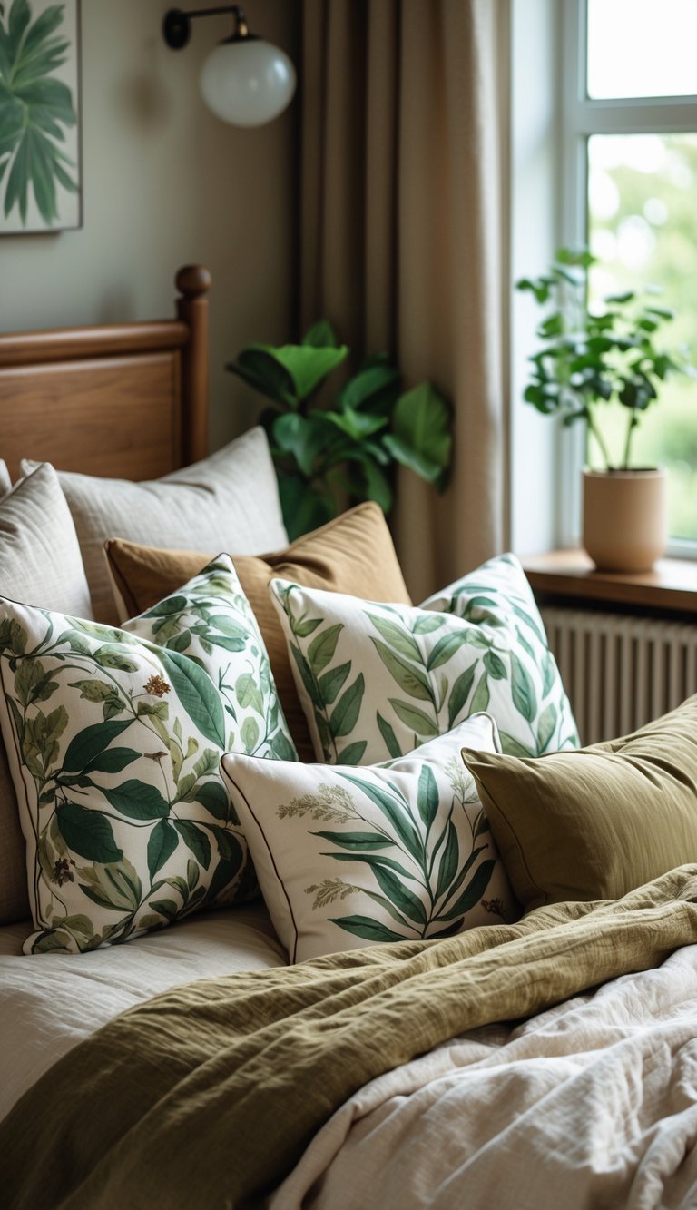 A cozy bedroom with a bed featuring botanical print throw pillows and earthy toned bedding, with natural light and plants nearby.
