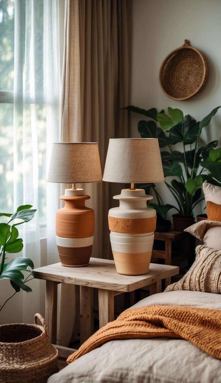 A cozy bedroom with earth-toned ceramic lamps on wooden bedside tables, a bed with layered linens, and natural decor including plants and woven baskets.