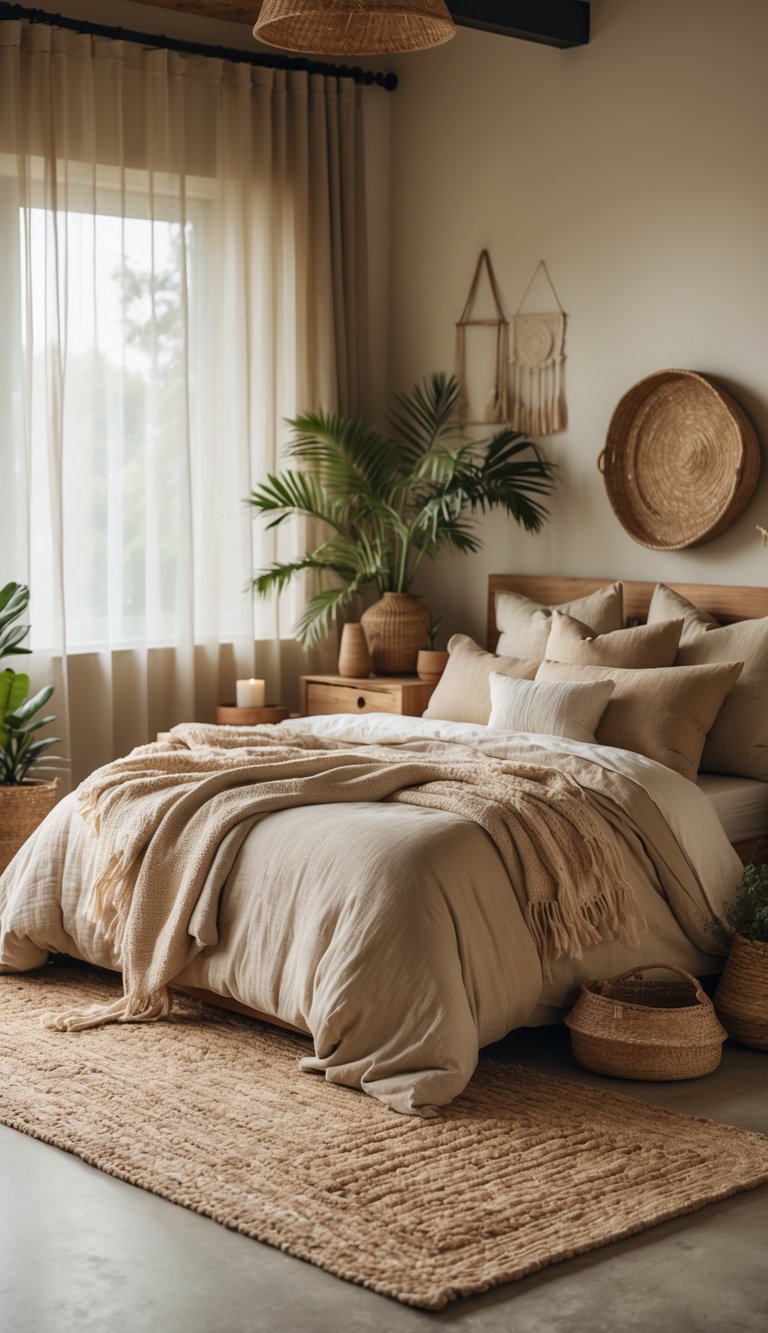 A cozy bedroom with a neutral jute rug, wooden furniture, bed with layered pillows, potted plants, and natural light coming through curtains.