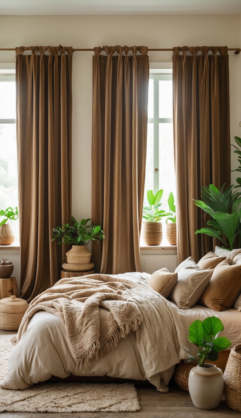 A cozy bedroom with soft brown velvet curtains, a bed with neutral linens, wooden furniture, green plants, and warm natural light.