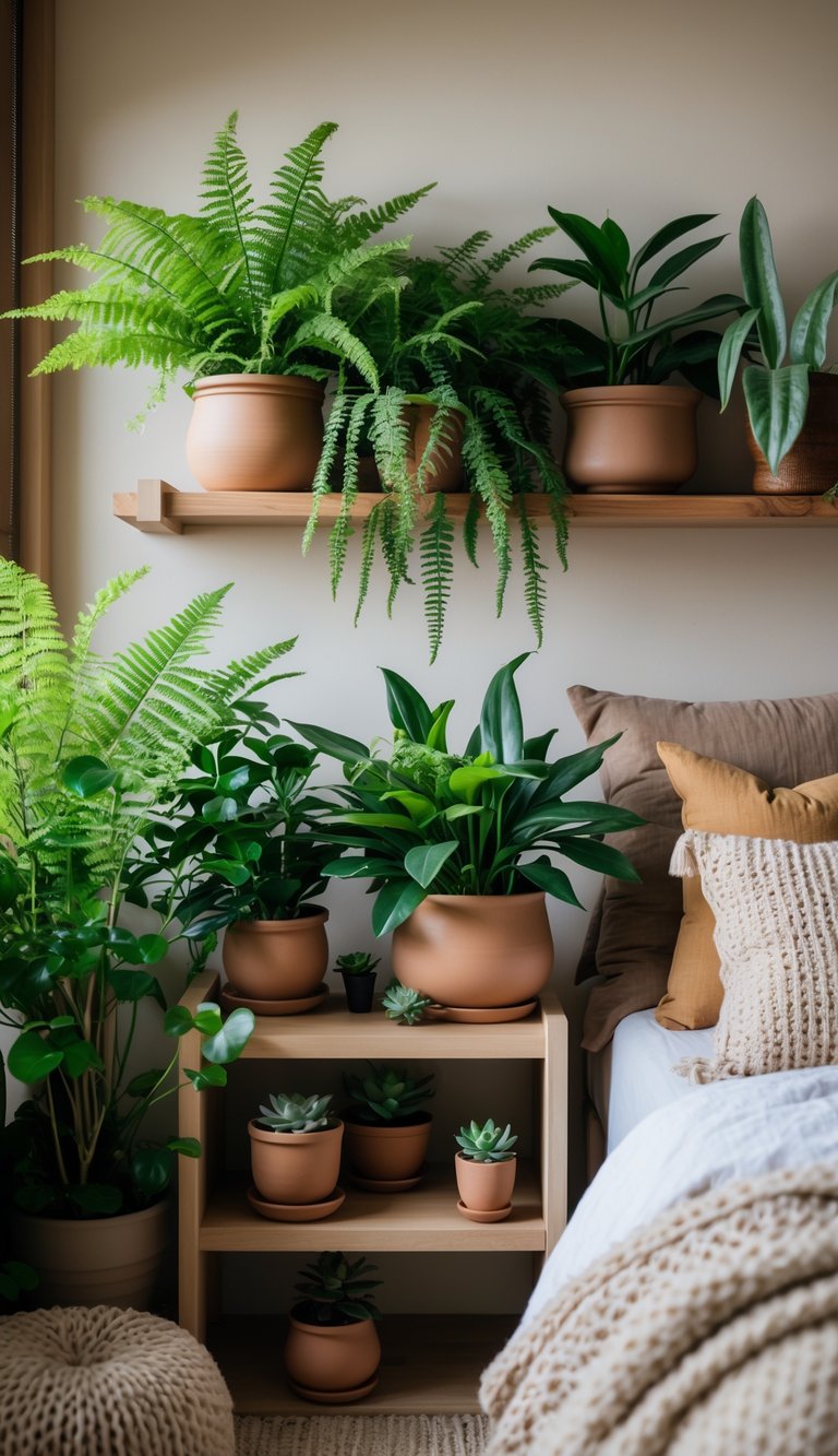 Cozy bedroom with potted ferns and succulents arranged on shelves and tables, featuring warm earthy decor and natural wood furniture.