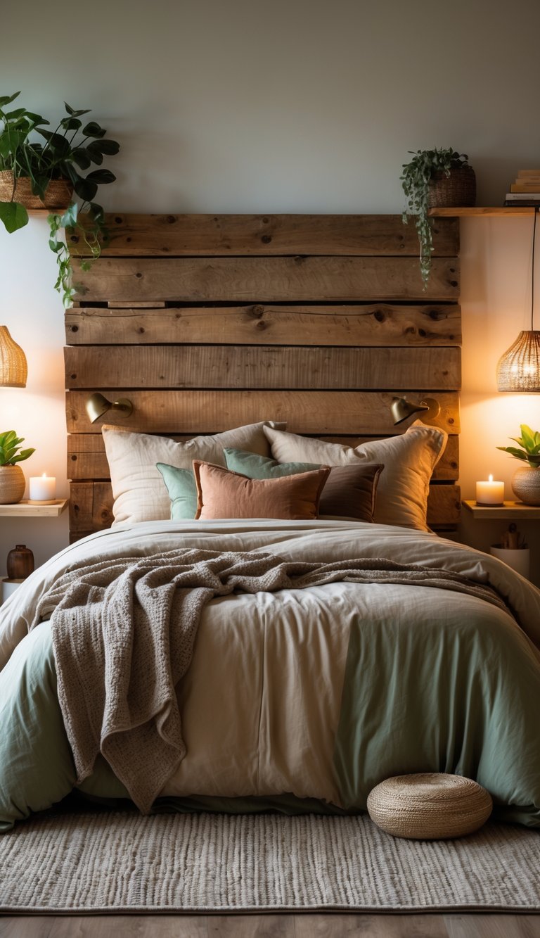 A cozy bedroom with a bed featuring a wooden headboard, soft linens, plants, and warm lighting.