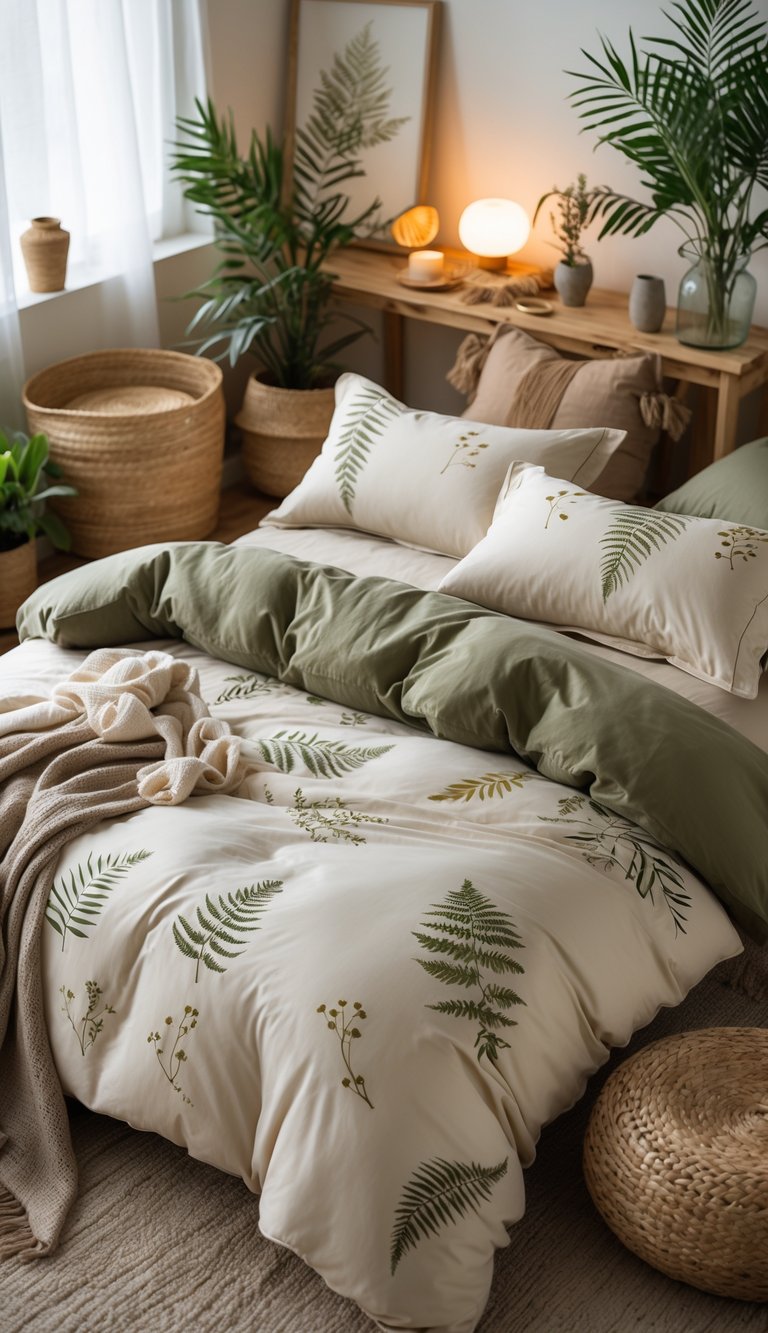 A cozy bedroom with a bed made up in fern and floral patterned bedding surrounded by wooden furniture and potted plants.