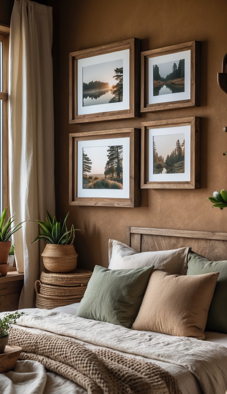 A cozy bedroom with stacked vintage picture frames showing nature photos above a bed with earthy-toned bedding and natural decor.